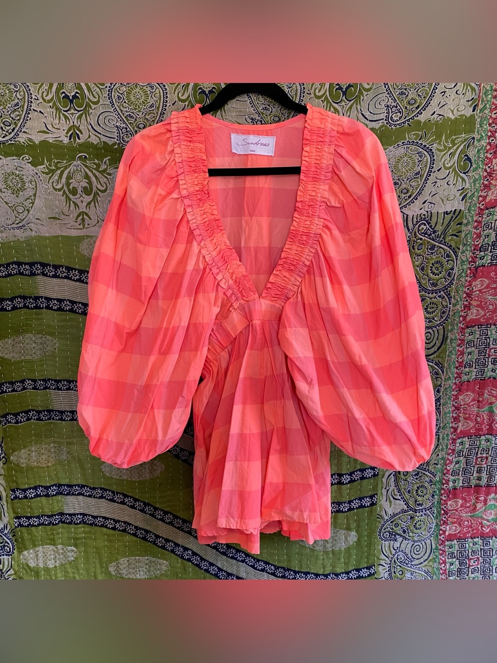 Sundress Neon Coral Alicia Glam Gingham V-Neck Puff Sleeve Romper Size XS/ S - Picture 2 of 16